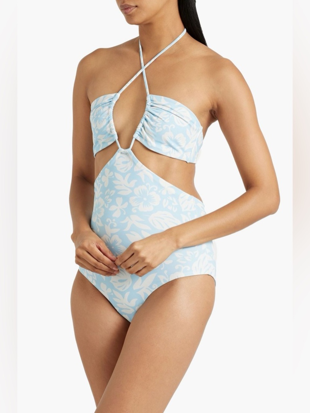 Onia Blue Floral Cutout One Piece Swimsuit Tropical Halter High Waist Large